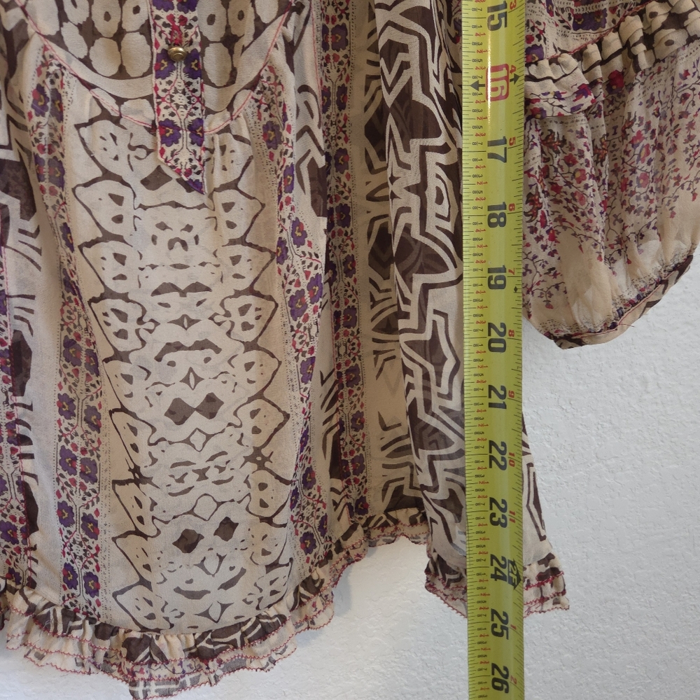 Diane Von Furstenberg Womens Ruffle Blouse 100% Silk Geometric BrownCream Size 0 - Picture 14 of 15
